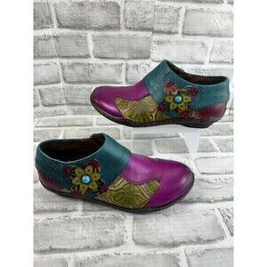 Socofy Women's Size 40/9-9.5 Leather Colorful Floral Clogs Side Zip Shoes Retro